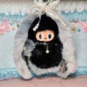 (36) Custom Handmade Labubu Plush Artist Series - Grey & Black with Pearl